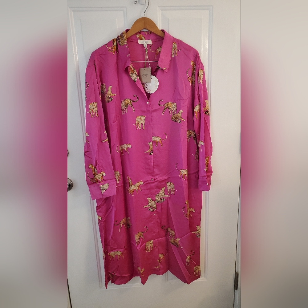 NWT Umgee Hot Pink Satin Leopard-Print Button-Front Duster - Picture 4 of 6